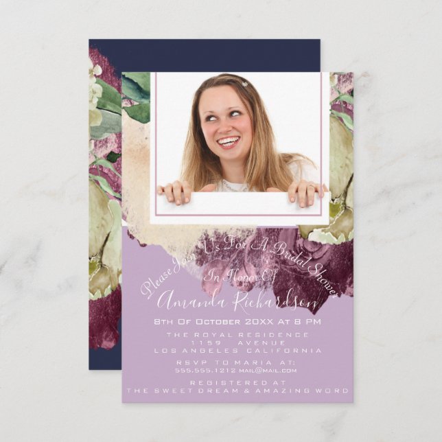 Convite Chá de panela Doce 16º Marinho de Foto Purple Flor (Frente/Verso)