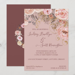 Convite Chá de panela Dourada Floral Boho Burgundy Seco