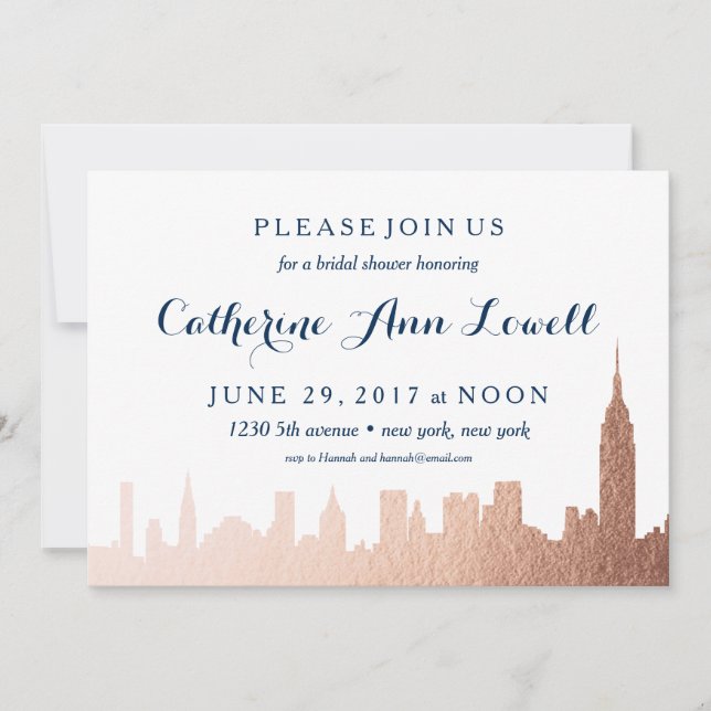 Convite Chá de panela Dourada Rosa do Skyline Faux de Nova (Frente)