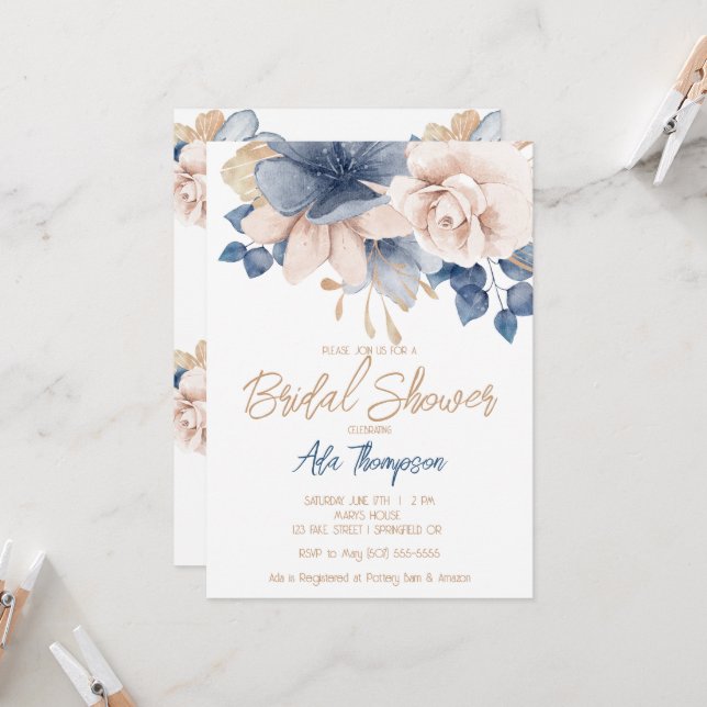 Convite Chá de panela Dourado, azul e Rosa (Frente/Verso In Situ)