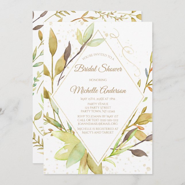 Convite Chá de panela Dourado com folha de água verde (Frente/Verso)