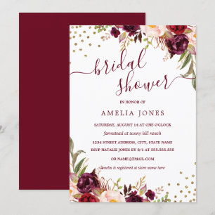 Convite Chá de panela Dourado Confetti Floral Burgundy