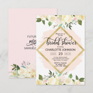 Convite Chá de panela Dourado Cor Floral Cor-de-Água Blush