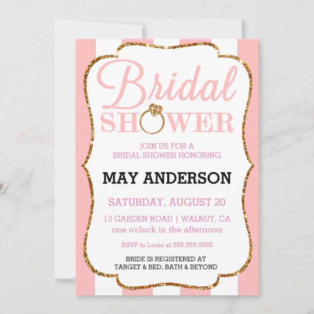 Convite Chá de panela Dourado da Glitter de Estirpe de Est (Frente)