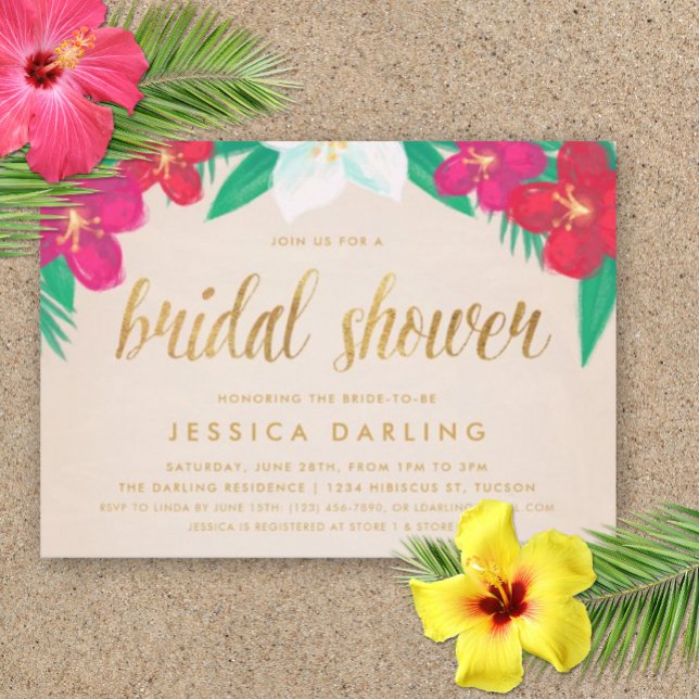 Convite Chá de panela Dourado das Flores Tropicais (Bridal Shower Luau Party Invitation)