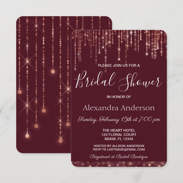 Convite Chá de panela Dourado de Borgonha e Rosa (Frente/Verso)