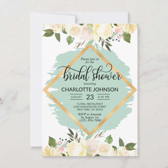 Convite Chá de panela Dourado de Imagem Floral de Watercol (Frente)