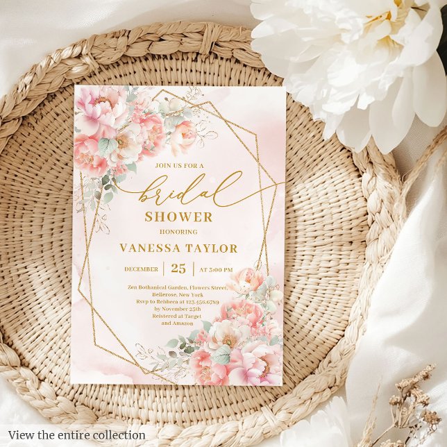 Convite Chá de panela Dourado de Lâmpada Romântica Boho (Romantic Boho Blush Gold Glitter Bridal Shower Invite)