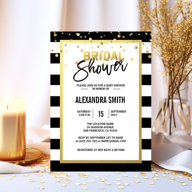 Convite Chá de panela Dourado de  preto (Modern Gold Black White Stripes Bridal Shower Invitation)