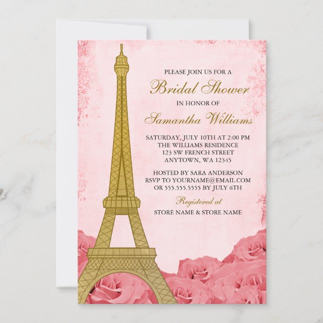 Convite Chá de panela Dourado de Rosas Rosa Eiffel Torre E (Frente)