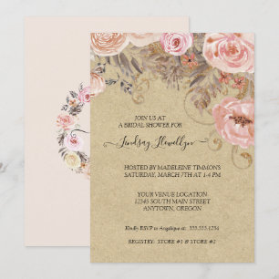 Convite Chá de panela Dourado do Rosa Boho Floral Kraft