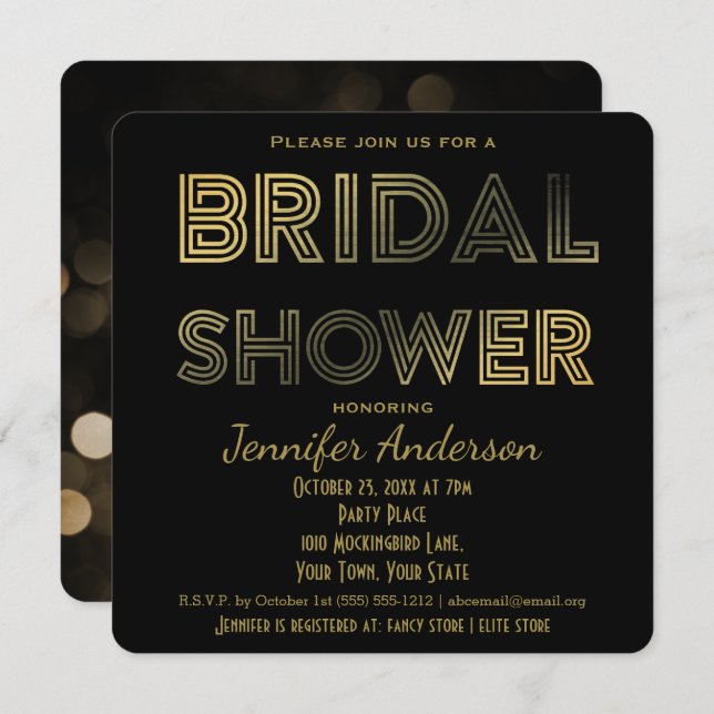 Convite Chá de panela Dourado e negro de Hollywood (Frente/Verso)