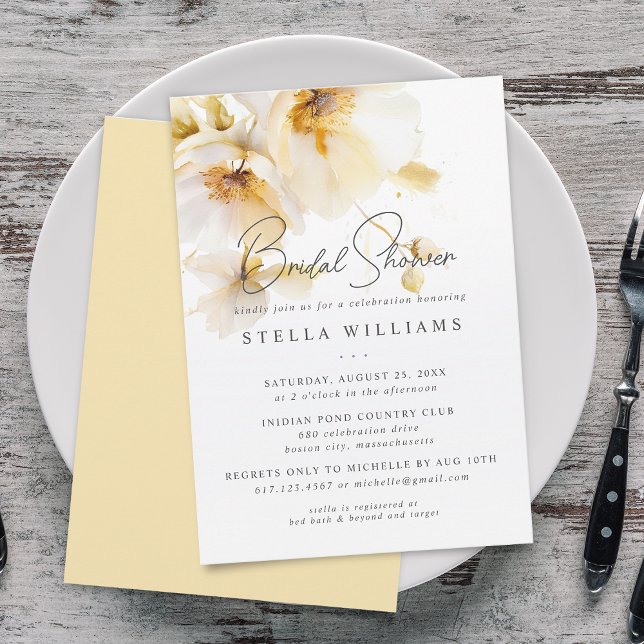 Convite Chá de panela Dourado Elegante Amarelo-Amarelo-Bra (Elegant White Yellow Gold Flower Bridal Shower Invitation)