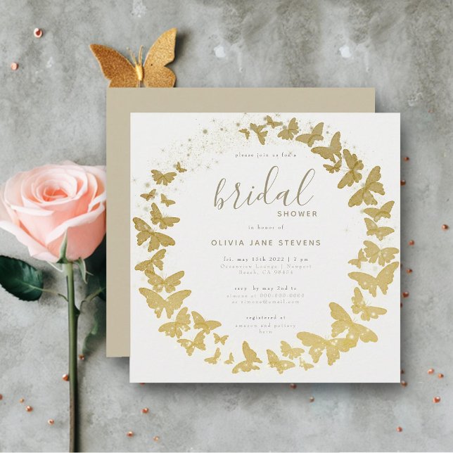 Convite Chá de panela Dourado Elegante Boho Clássico da Bo (gold butterflies elegant bohemian modern romantic frame bridal shower invitation chic calligraphy)