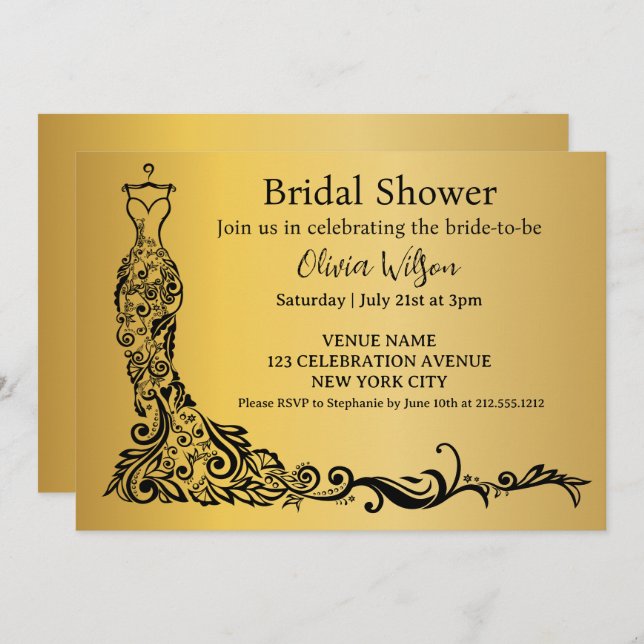 Convite Chá de panela Dourado Elegante Boho Floral (Frente/Verso)