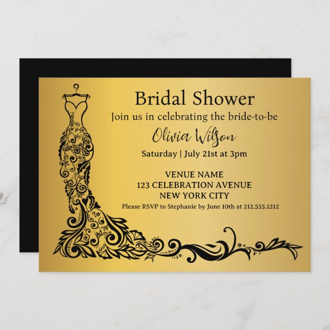 Convite Chá de panela Dourado Elegante Boho Floral (Frente/Verso)