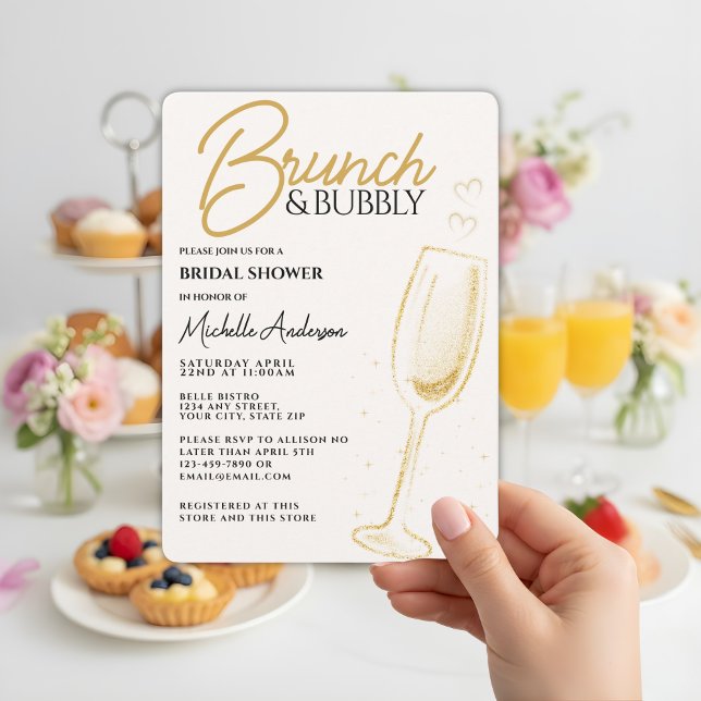 Convite Chá de panela Dourado elegante Brunch e Bubble (Criador carregado)