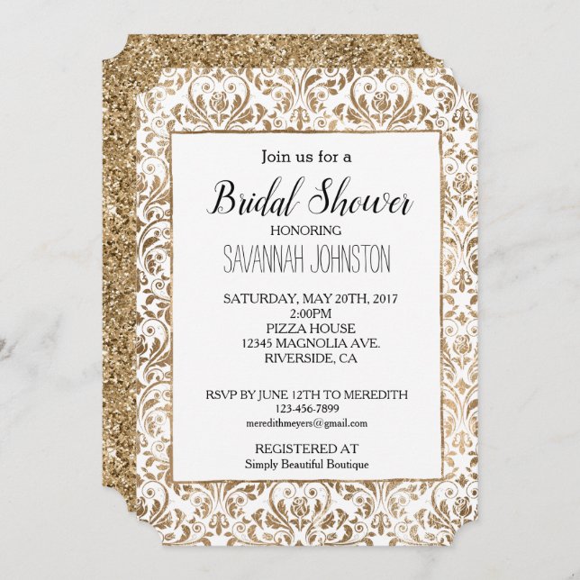 Convite Chá de panela Dourado Elegante de máscara branca (Frente/Verso)