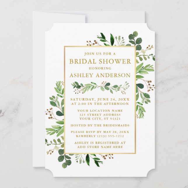 Convite Chá de panela Dourado Eucalyptus, de Watercolor Gr (Frente)