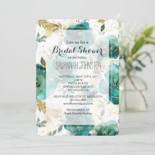 Convite Chá de panela Dourado Floral Branco Teal