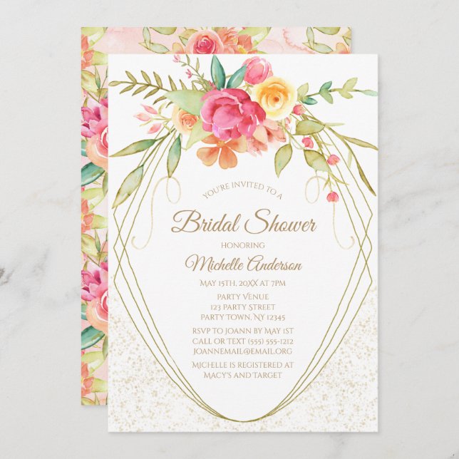 Convite Chá de panela Dourado Floral Elegante, Cor de Água (Frente/Verso)