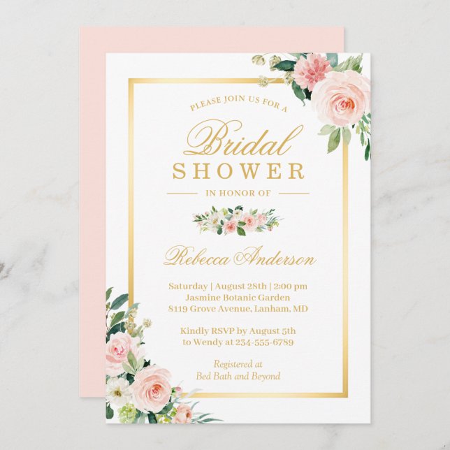 Convite Chá de panela Dourado Floral Elegante Cor-de-Rosa  (Frente/Verso)