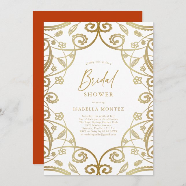 Convite Chá de panela Dourado Floral Laranja Queimado (Frente/Verso)