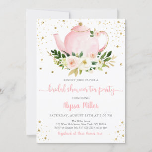Convite Chá de panela Dourado Floral Rosa do Tea Party