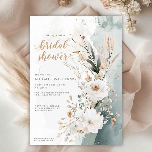 Convite Chá de panela Dourado Floral Verde Costeiro Russo (Rustic Coastal Green Gold Floral Bridal Shower Invitation)