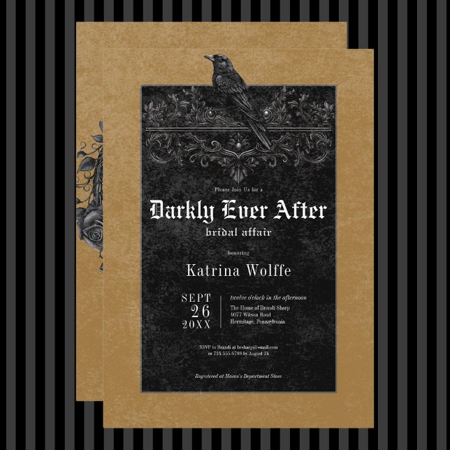Convite Chá de panela Dourado Gótico Raven Preto e Rosas (Gothic Black Raven & Roses Gold Bridal Shower Invitation)