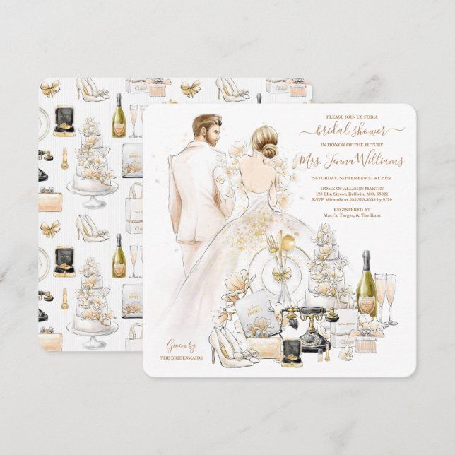 Convite Chá de panela Dourado Louro Lourado (Frente/Verso)