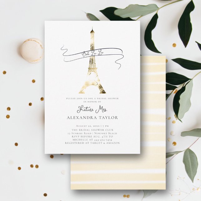 Convite Chá de panela Dourado Minimalista Eiffel Paris Mod (ooh la la paris themed bridal shower invitation gold eiffel modern minimalist elegant classy boho)