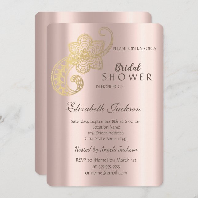 Convite Chá de panela Dourado Paisley Rosa legante (Frente/Verso)