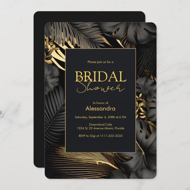 Convite Chá de panela Dourado Tropical Negra Moderno (Frente/Verso)