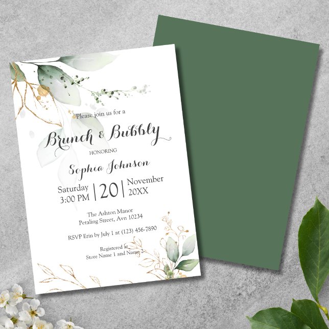 Convite Chá de panela Dourado Verde Floral Brunch e Bubble (Brunch and Bubbly Bridal Shower Invitation)