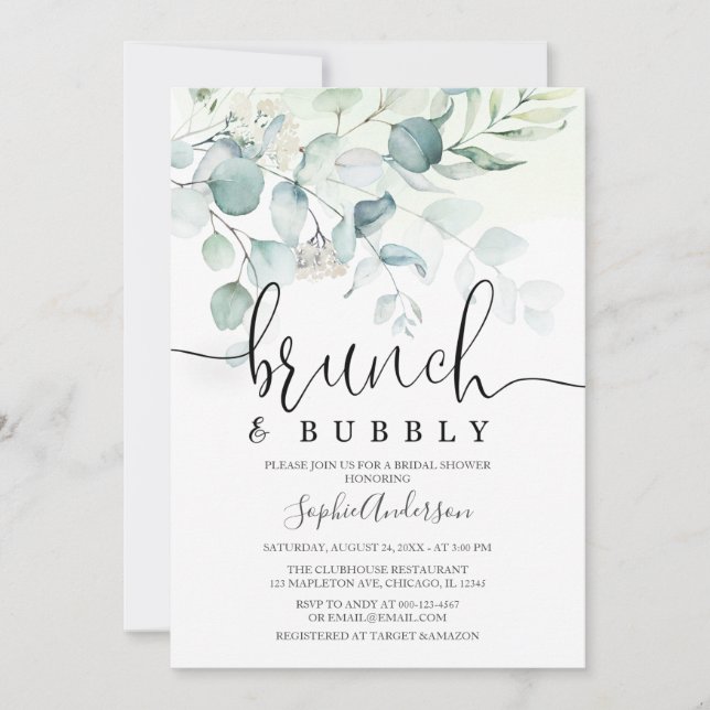 Convite Chá de panela Dusty Blue Brunch e Bubble Greenery (Frente)