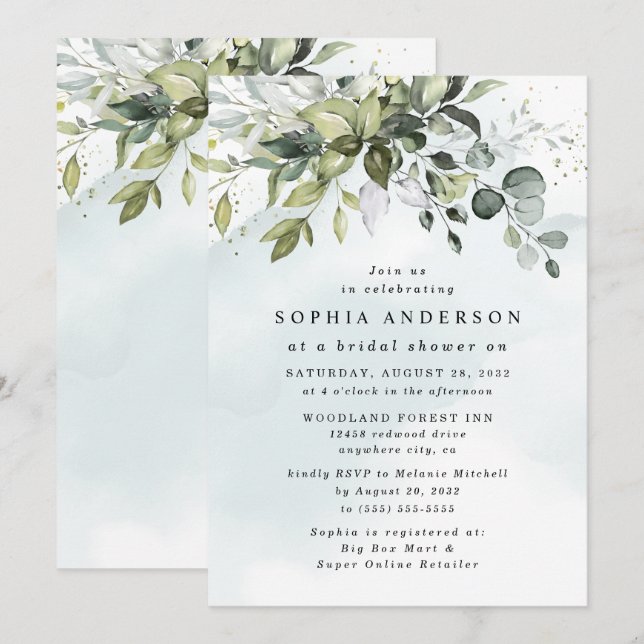 Convite Chá de panela Dusty Blue Eucalyptus Greenery Boho (Frente/Verso)