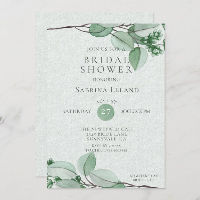Convite Chá de panela | Elegante Aquarela Eucalyptus (Frente/Verso)
