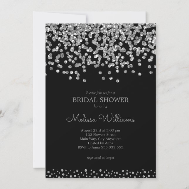 Convite Chá de panela Elegante Black Silver Foil Confetti (Frente)