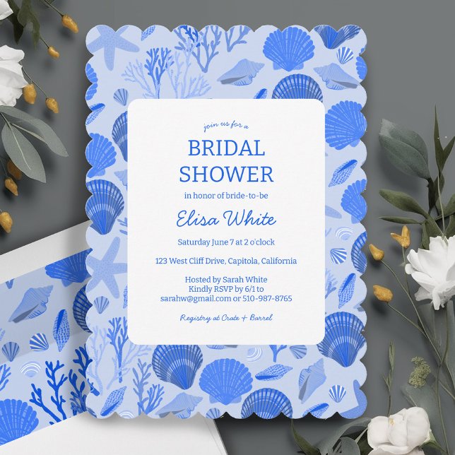 Convite Chá de panela Elegante Blue Beach PERSONALIZADO (Seashells Bridal Shower Elegant Blue Beach CUSTOM Wedding party Seaside Invitation)