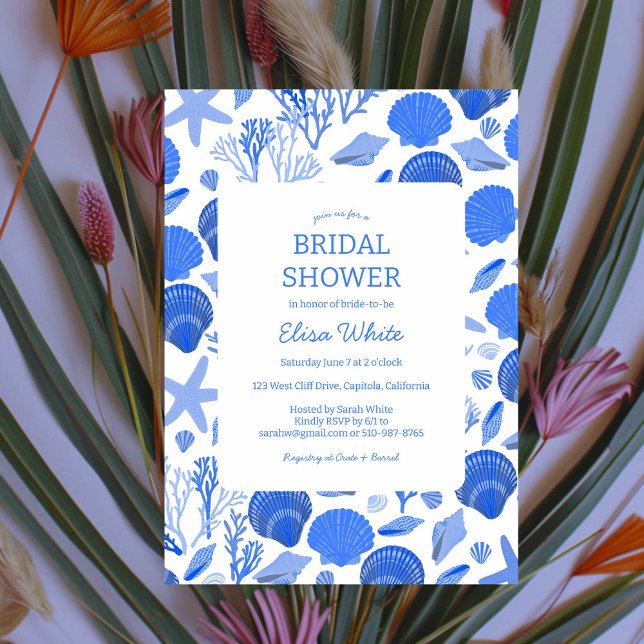 Convite Chá de panela Elegante Blue Beach PERSONALIZADO (Seashells Bridal Shower Elegant Blue Beach CUSTOM Invitation)