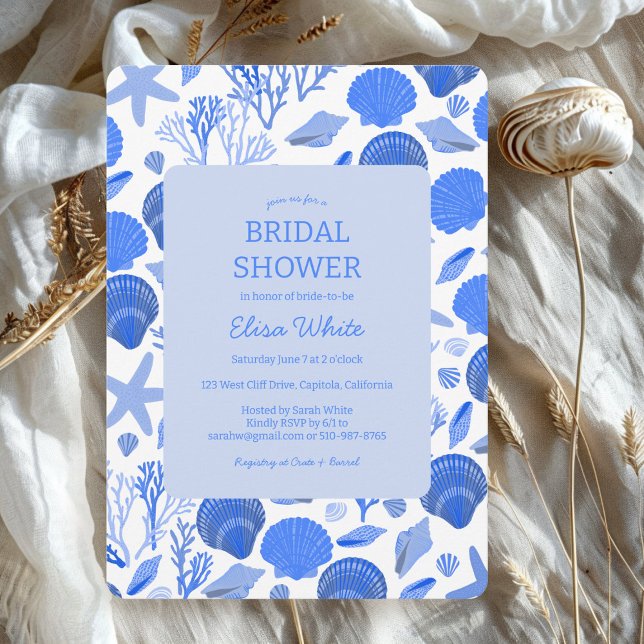 Convite Chá de panela Elegante Blue Beach PERSONALIZADO (Seashells Bridal Shower Elegant Blue Beach CUSTOM Invitation
)