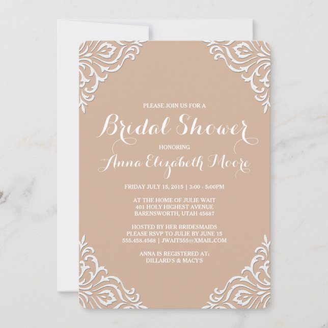 Convite Chá de panela Elegante Blush Damask (Frente)