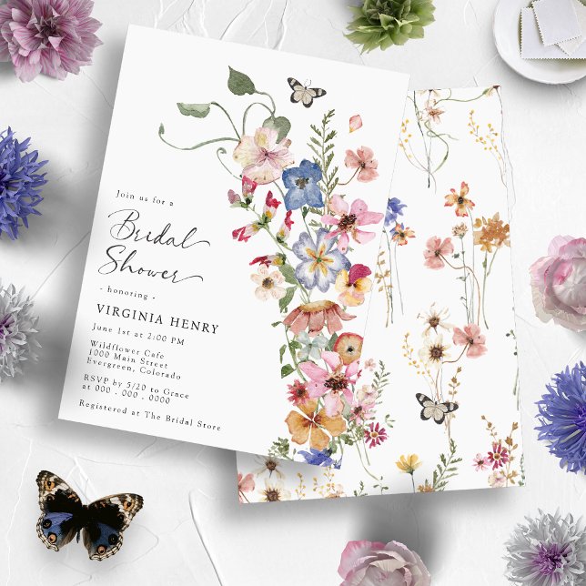 Convite Chá de panela Elegante Boho Floral (Colorful Butterful Wildflower Boho Floral Elegant Bridal Shower Invitation
)