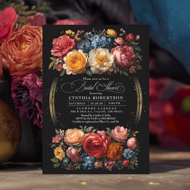 Convite Chá de panela Elegante Botânico Floral Preto (Moody Black Floral Luxury Bridal Shower Invitation)
