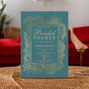 Convite Chá de panela elegante chic verde de ouro floral