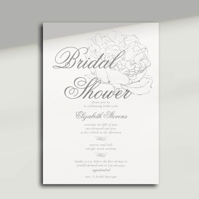 Convite Chá de panela Elegante da Caligrafia Romântica de  (peony bridal shower invitation formal traditional calligraphy modern classic dreamy)