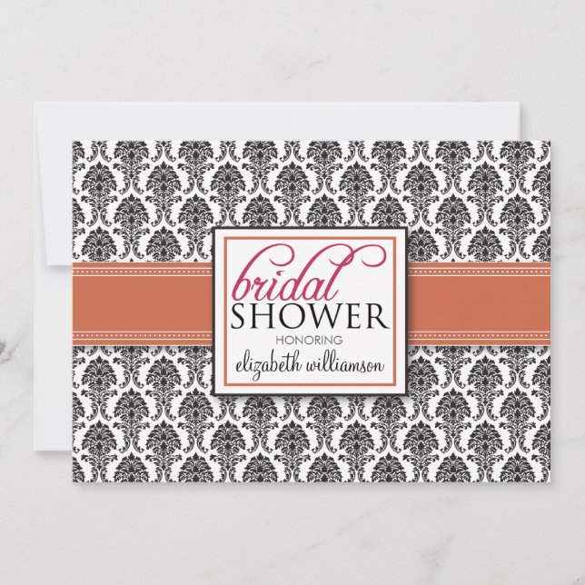 Convite Chá de panela Elegante Damask (coral) (Frente)