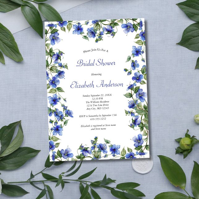 Convite Chá de panela Elegante de Aquarela Azul (Blue Wildflowers Morning Glories Watercolor Bridal Shower invitation, Digital or Printed.)