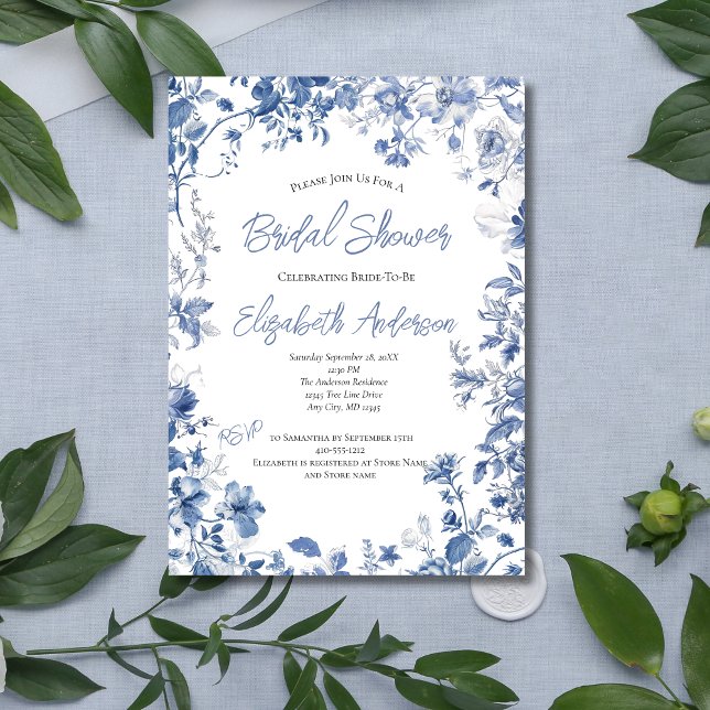 Convite Chá de panela Elegante de Aquarela Azul Floral (Blue Floral Watercolor Border Bridal Shower Invitation. Printed or Instant Digital Download)